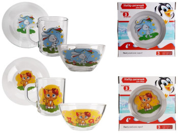 Набор детской посуды (тарелка, пиала, чашка) Зайчик и котик (цена за набор 3 предмета)