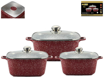 Набор квадратных кастрюль с крышками Benson гранитное покрытие, 2,1л, 3л, 5,1л (6 предметов)