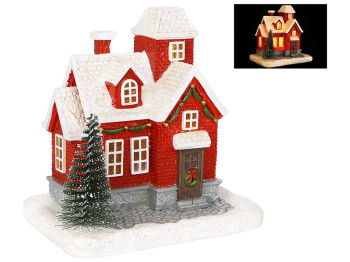 Новогодний декор Домик с LED подсветкой, 11,5x8x11см, цвет - красный с глиттером