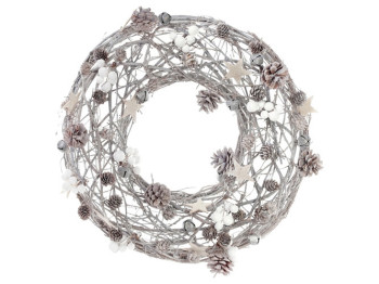 Венок из натуральных шишек с декором, цвет - натуральный с белым, D49см