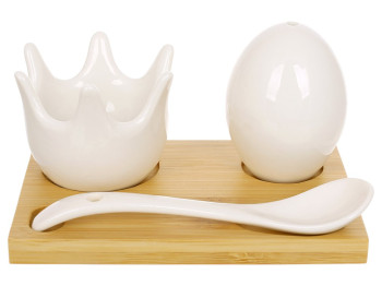 Набор для яйца с ложкой на подставке, фарфор и бамбук, 11,5×8×5,5см, цвет белый (цена за 4пред)