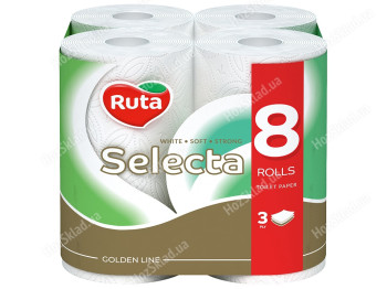 Папір туалетний Ruta Selecta, 3х шаровий, 8 рулони, білий