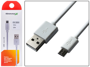 Кабель Grand-X USB-micro USB PM025W 2,1A,100% медь, 1,5м White