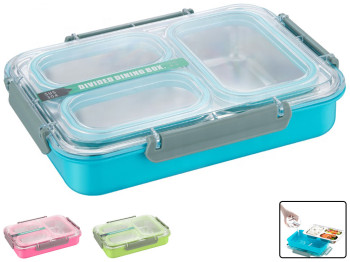 Ланч-бокс обеденный Kamille, 3 секции, нержавеющая сталь и пластик, 1200мл, 27×19×5см