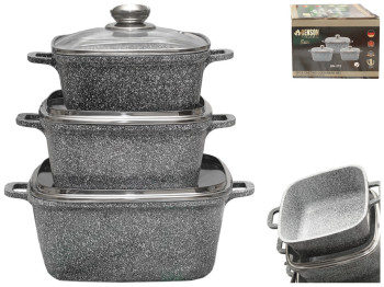 Набор квадратных кастрюль с крышками Benson гранитное покрытие, 2,1л, 3л, 5,1л (6 предметов)
