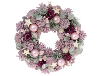 Вінок новорічний з декором із шишок, кульок і ягід, D34см, колір - рожевий з бордо