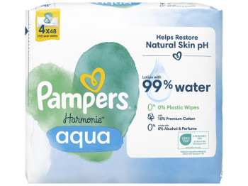 Салфетки влажные детские Pampers Harmonie Aqua, на 99% из воды, без спирта, хлопок, 4 x 48шт