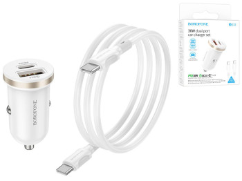 Автомобільний Зарядний Пристрій Borofone BZ22 1USB/1USB-C QC/PD30W+Type-C to Type-C Колір Бiлий