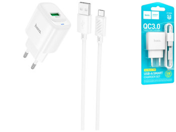 Мережевий зарядний пристрій Hoco C140A 1USB QC 18W+USB to Micro, колір бiлий