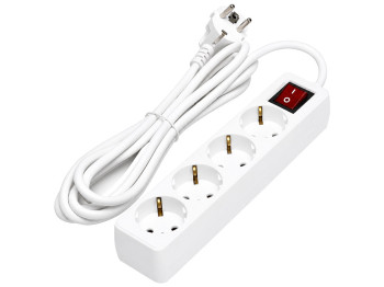 Удлинитель, 4 розетки, 1,5м, 3G1,5мм², с выключателем, цвет белый