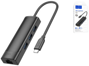 USB Hub Hoco HB42 4-in-1 (Type-C to USB3.0*3+RJ45 1Gbps) (L=0.2M) Цвет Черный