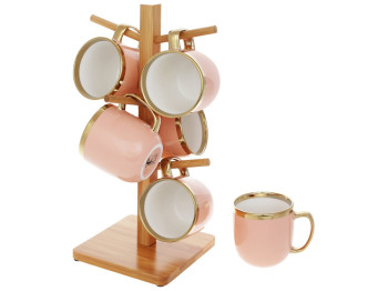 Набір кухлів Золота лінія на бамбуковій підставці, колір - пудровий, 320мл (ціна за набір 6шт)