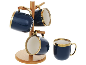 Набор кружек Золотая линия на бамбуковой подставке, цвет - темно-синий, 320мл (цена за набор 4шт)