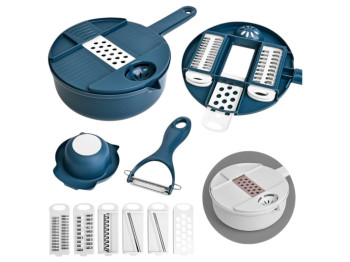 Терка-овощерезка с контейнером, овощечисткой, 6 насадками и плододержателем, 20,5×20,5×9 см