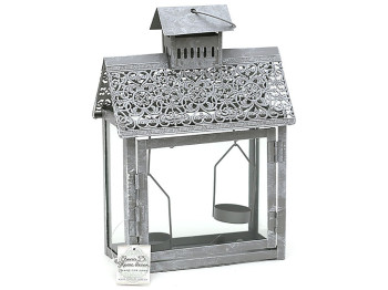 Ліхтарик на 2 свічки у формі будиночка, 28см, колір - сірий