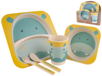 Набір дитячого бамбукового посуду 5 предметів Stenson Бегемот (2 тарілки, виделка, ложка, стакан)
