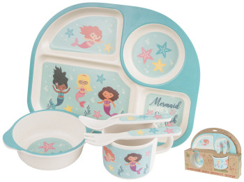 Набор детской бамбуковой посуды 5 предметов Stenson Русалки (2 тарелки, вилка, ложка, чашка)