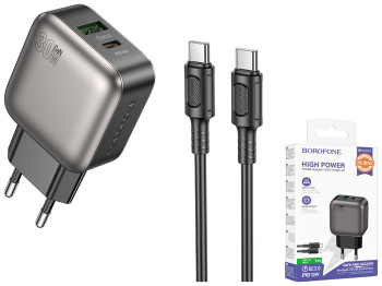 Мережевий зарядний пристрій Borofone BAS55A 1USB-C/1USB PD/QC 30W GAN+Type-C to Type-C, колір чорний