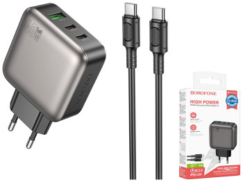 Мережевий зарядний пристрій Borofone BAS56A 2USB-C/1USB QC/PD 45W GAN+Type-C to Type-C, колір чорний