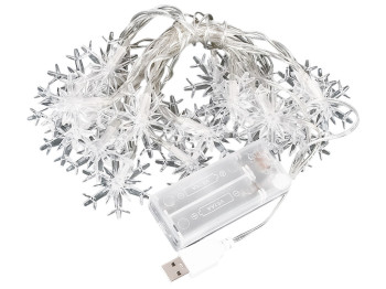 Гірлянда світлодіодна Snowflakes, біла, 3м, 20led, 2AA+USB