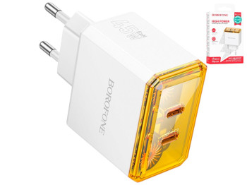 Зарядний пристрій Borofone BAS33A, 2×USB Type-C, 45Вт, 126×85×35мм, колір білий