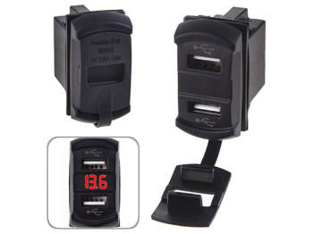 Автомобільний зарядний пристрій 2 USB 12-24В 2,1A урізний+вольтметр червоне світло