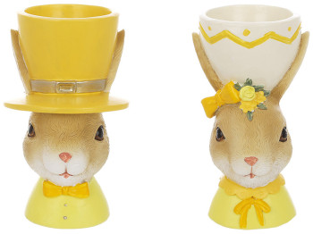 Подставка под яйцо 2 вида: Заяц и Зачиха в шляпе, 7х7х12см, цвет - желтый (цена за 1шт)