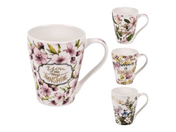 Чашка фарфоровая Flowers, 380 мл, с цветочным декором и надписями, цвет в ассортименте