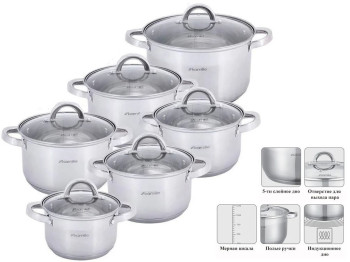 Набор посуды Kamille из нержавеющей стали 12 предметов (кастрюли 1л, 1,8л, 2,5л, 3,8л, 4,5л, 6,5л)