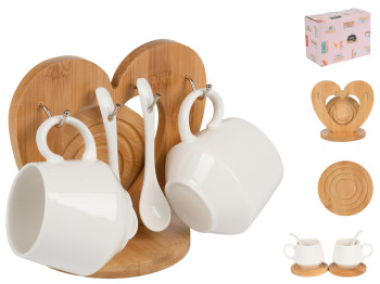 Набір чайний, чашка, ложка, підставка, порцеляна, бамбук, 200мл, колір білий (ціна за набір 5пр)