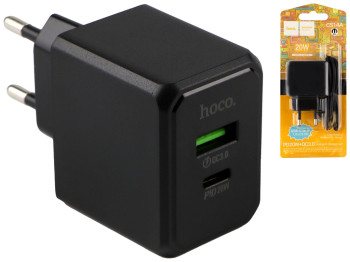 Сетевое зарядное устройство Hoco CS14A 1USB-C/1USB PD/QC 20W+Type-C to Lightning, Цвет Черный
