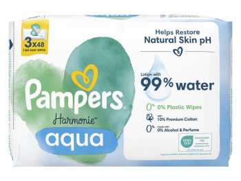 Салфетки влажные детские Pampers Harmonie Aqua, на 99% из воды, без спирта, хлопок, 3 x 48шт