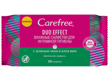 Влажные салфетки для интимной гигиены Сarefree Duo Effect с зеленым чаем и алоэ вера 20шт