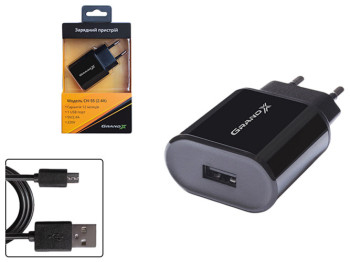 Зарядное устройство Grand-X CH55BU 5В 2,4A USB Black с защитой от перегрузки+cable micro-USB, Cu