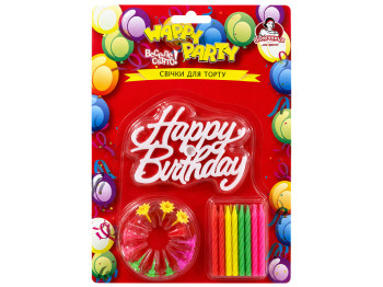 Свічки для торта Помічниця Happy Party з написом Happy Birthday, 20 свічок та 20 підставок
