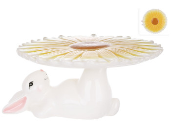 Подставка для кулича/торта керамическая Кролик с цветком, D22,8x12см, цвет - белый с желтым