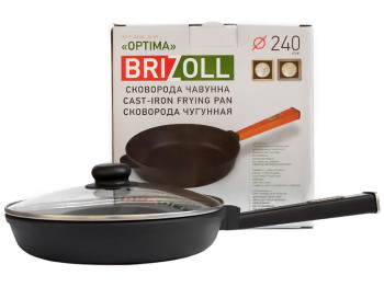 Сковорода чугунная со стеклянной крышкой Brizoll, 24х4,65см, с ручкой Optima-Black, O2440-P1-C