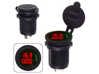 Автомобильное зарядное USB + Вольтметр + Амперметр в планку 12-24V 2.1A (10623 USB-12-24V 2.1A Red)
