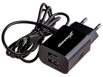 Зарядное устройство Grand-X CH-35B 5В 2,1A 2USB Black+micro-USB с защитой от перегрузок