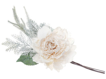 Искусственный декоративный цветок Пион с зимним декором, 35см, цвет - кремовый