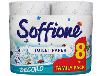 Папір туалетний Soffione Decoro Family Pack двошаровий, білий з синім тисн., целюлоза, 8 рулонів