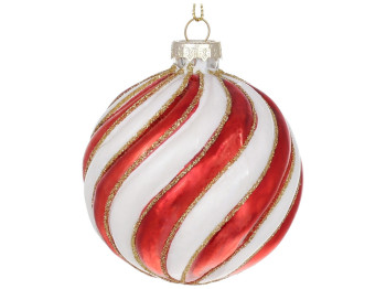 Ялинкова куля рельєфної форми з декором з гліттера, колір - червоно-білий, 8см