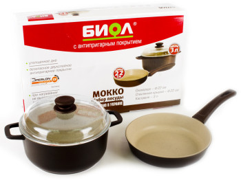 Набор посуды "Мокко" сковорода алюм. с бак. ручкой 22см и кастрюля алюм. с стекл. кр. 3л M22ПС