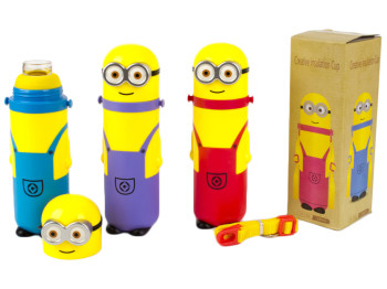 Термо-бутылка Миньоны пластик + стеклянная колба, ремень (3 цвета) 400мл