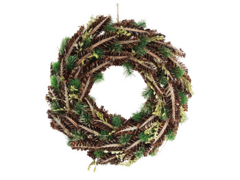 Вінок новорічний з декором із шишок і зелених гілок, D40см