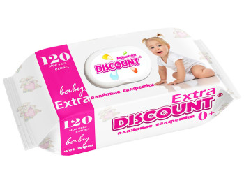 Вологі серветки дитячі антибактеріальні Discount EXTRA "З екстр. алое" 120шт клапан 