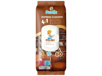 Серветки вологі Purfix для догляду за деревяними поверхнями та шкіряними меблями, з клапаном, 60шт