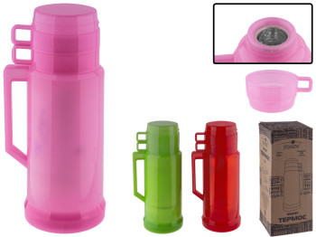 Термос пластиковый со стеклянной колбой (расцветки ассорти) 1л DB218T/MT-4580-10