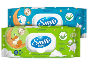 Салфетки влажные с первых дней Smile Baby, с  экстрактом алоэ, без спирта, с клапаном, 84шт