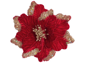 Новогодний бархатный цветок D25см, цвет - красный с золотом